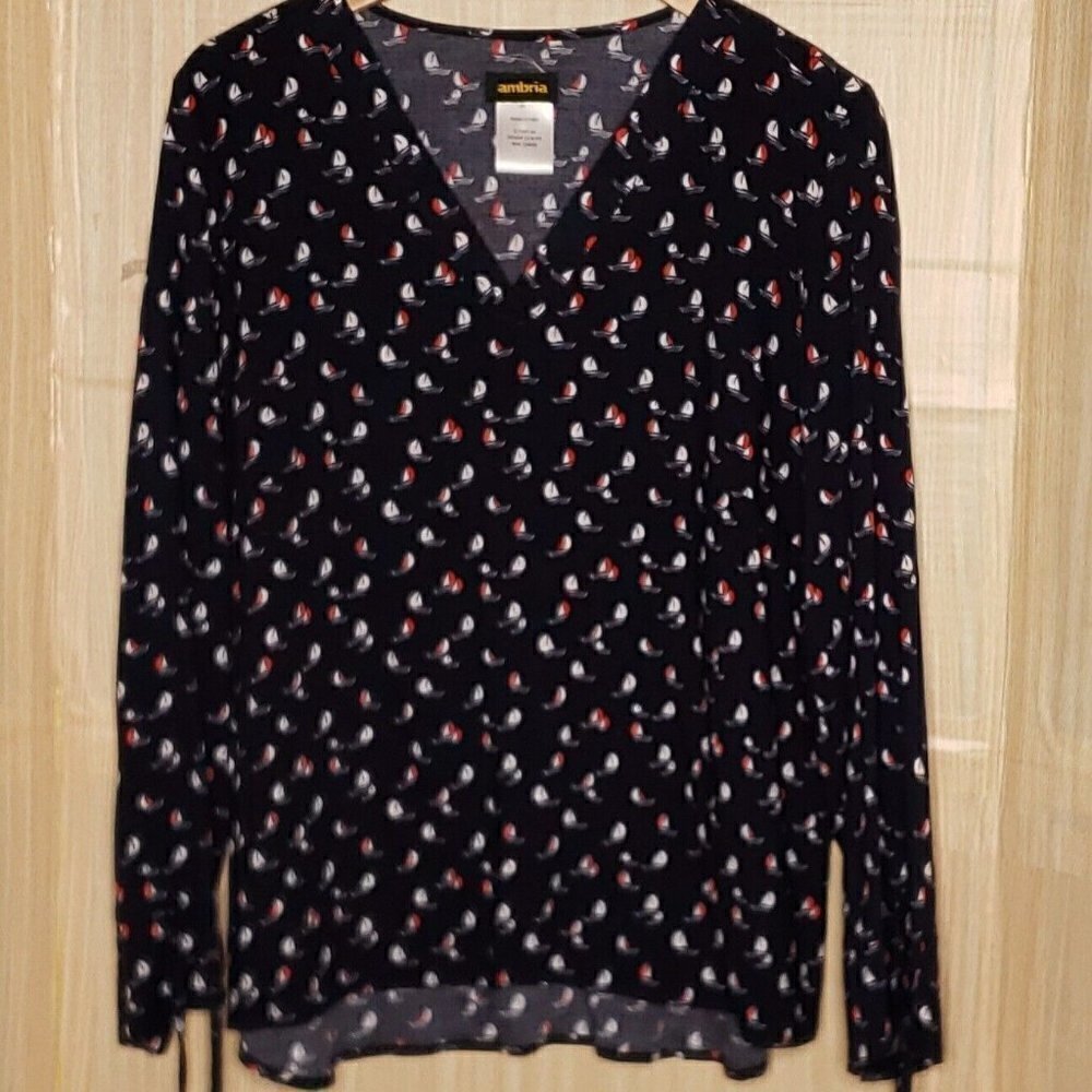 Ambria Womens Navy Sailboat Print Blouse With Tie Cuffs 12